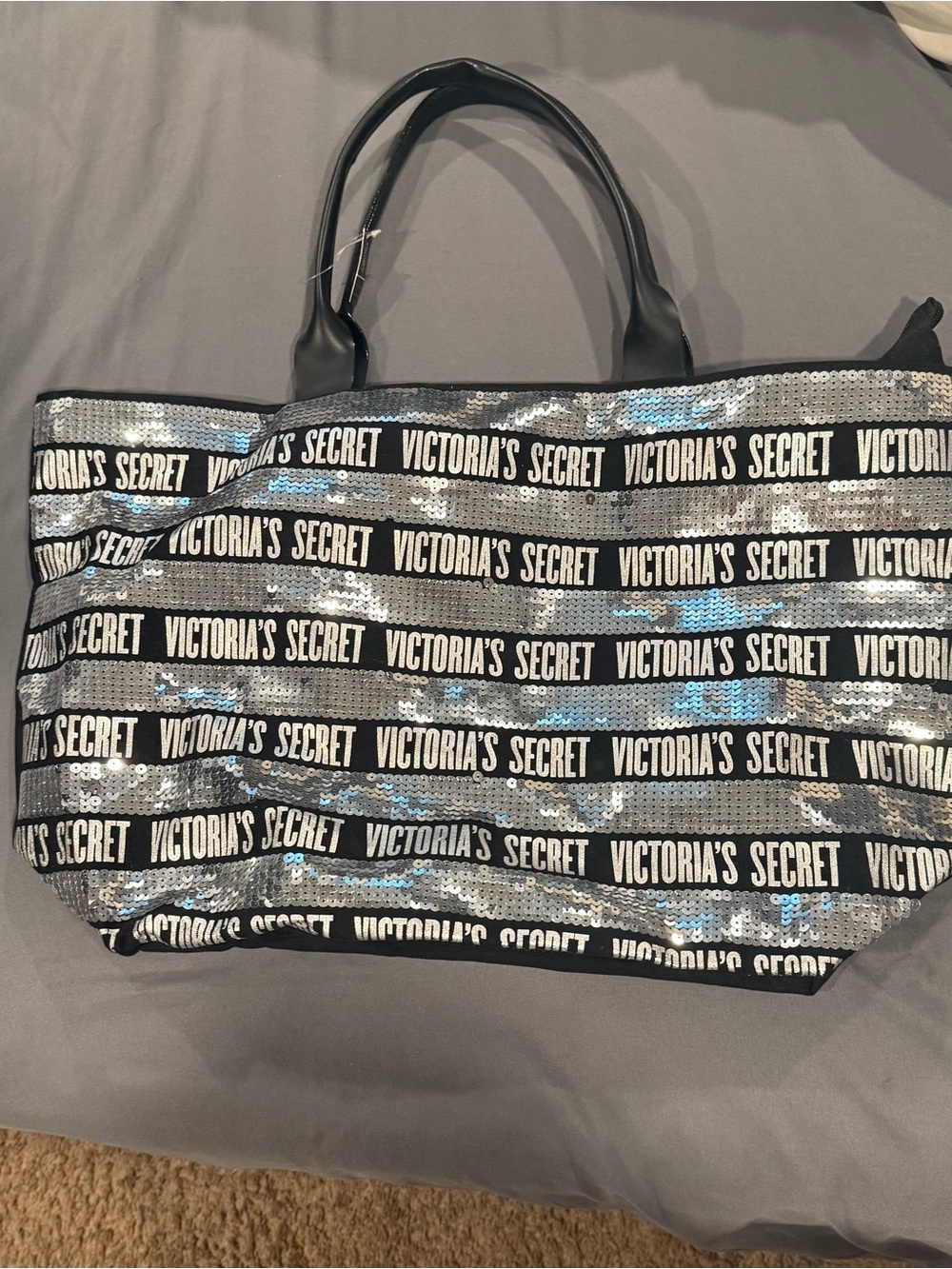 Victoria's Secret Black and Silver Sequin Logo Tote